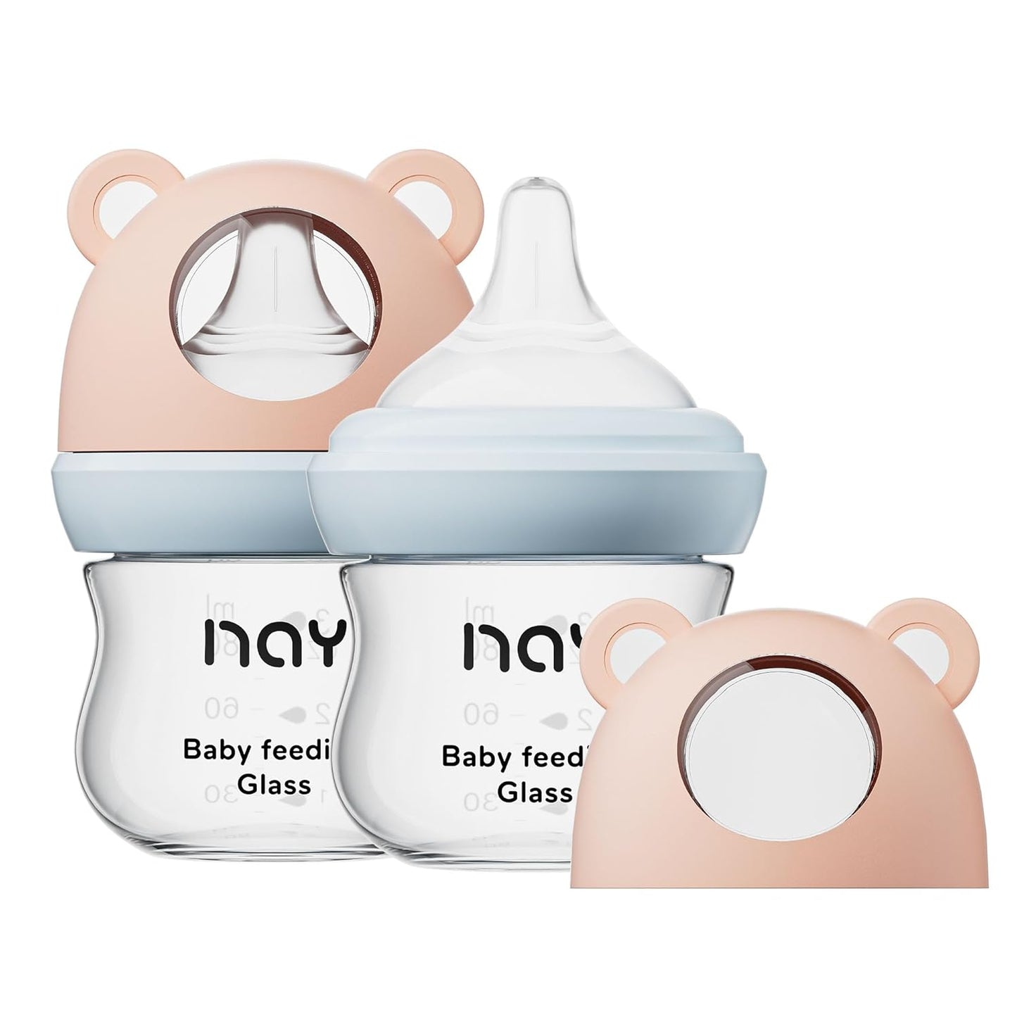 Natural Glass Baby Bottle for Breastfeeding Babies, 3oz Newborn Anti-Colic Baby Bottle with Slow Flow Nipples (SS), Clear, Wide Neck, 2 Pack, 0 Months+