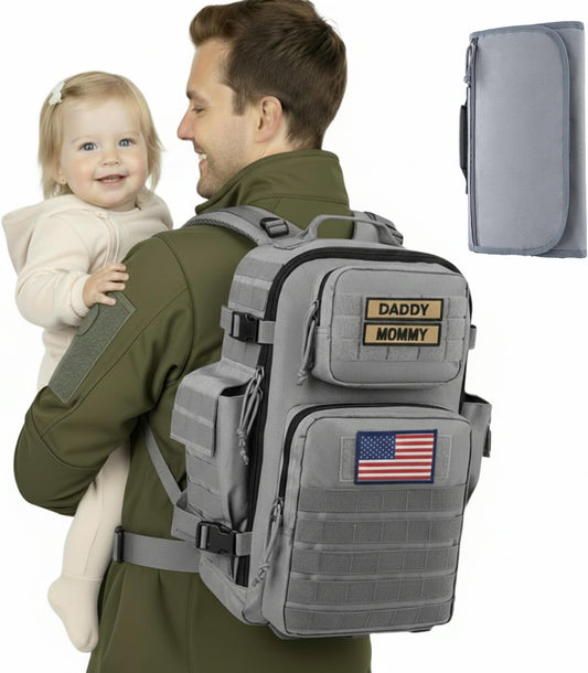 SHARKMOUTH Baby Diaper Bag for Dad - Large Military Daddy Gear Backpack with Changing Pad for Travel Camping Hiking - Newborn Baby Shower Gifts Gray