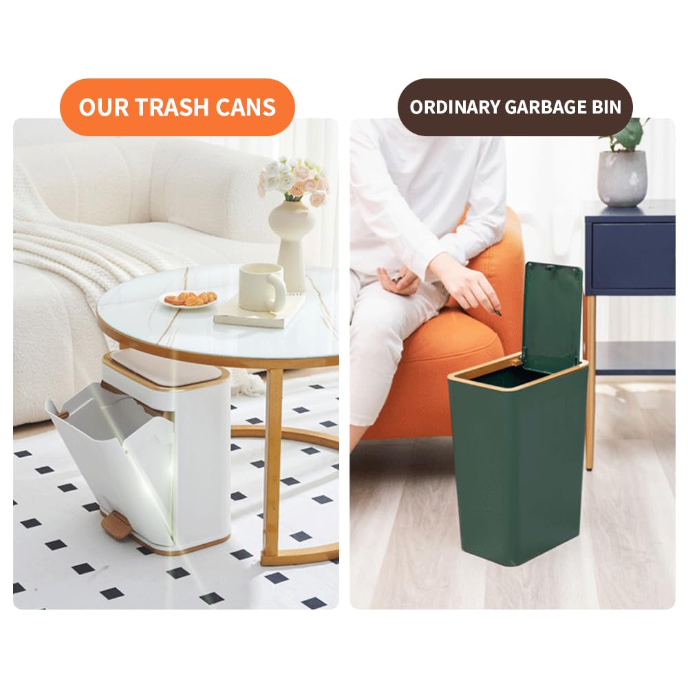 Bathroom Trash Can with Lid, Plastic 3 Gallon Garbage can with Press top Lid Gold Step Pedal Trash can, Narrow White Trash bin for Bathroom, Bedroom, Restroom, Living Room, Office, Dog Proof Trash Can