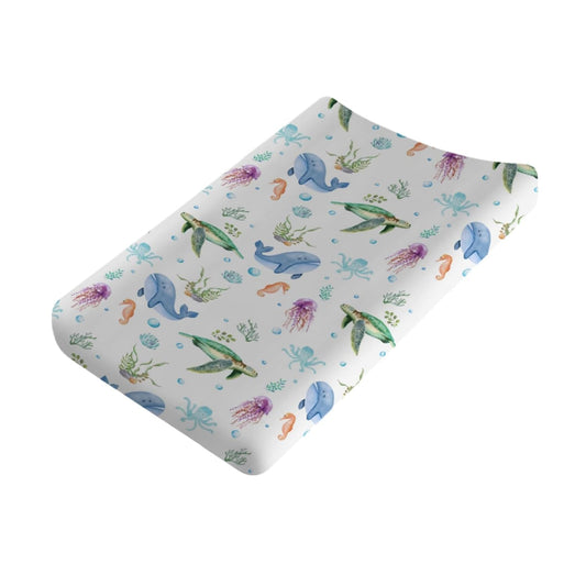 Colorful Sea Animals Changing Pad Cover Turtle Whale Jellyfish Sea Horse Weeds Sealife Diaper Change Table Sheets for Boys Girls Soft Stretch Changing Pad Mats Covers 32''x16''