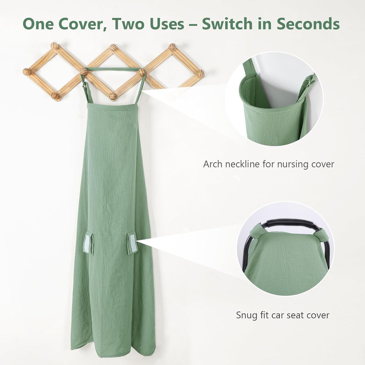 Hooyax 2-in-1 Baby Car Seat Cover & Nursing Cover, 100% Muslin Cotton, Breathable Car Seat Canopy and Privacy Breastfeeding Cover, Green