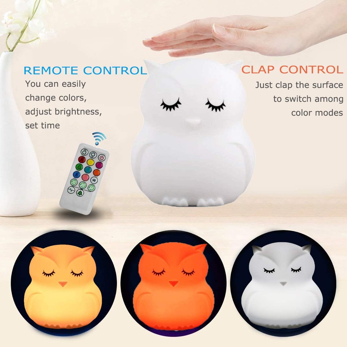 Owl Night Light Baby Bedside Lamp Child, Silicone Nursery Lamp for Breastfeeding Bedroom Mood Lights, Eye Caring, Adjustable Brightness & Color, Time Setting, Holiday Gifts - Medium