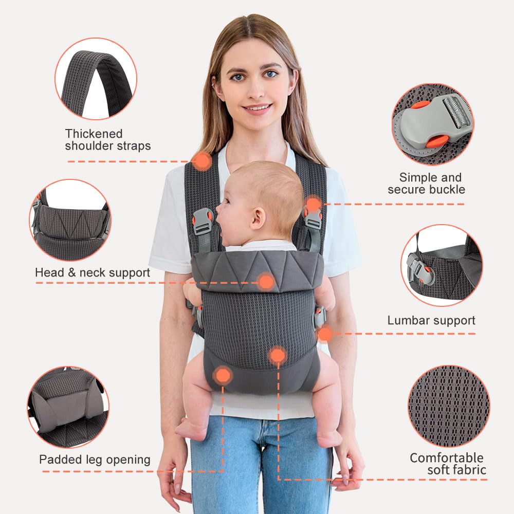 Baby Carrier, Cozy Toddler Carrier, Ergonomic Baby Carrier Newborn to Toddler with Head Support, Dark Grey