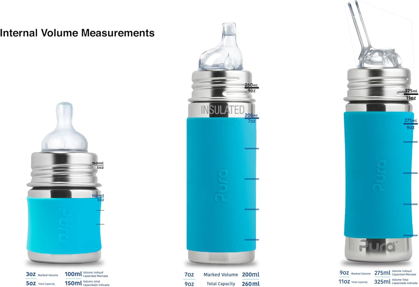 Pura Kiki 11oz/325ml Stainless Steel Straw Bottle w/Sleeve - 100% Plastic-Free, MadeSafe Certified, 100% Medical-Grade Silicone Straw for Kids, Toddlers, Preschoolers, Babies & Infant - New Mint