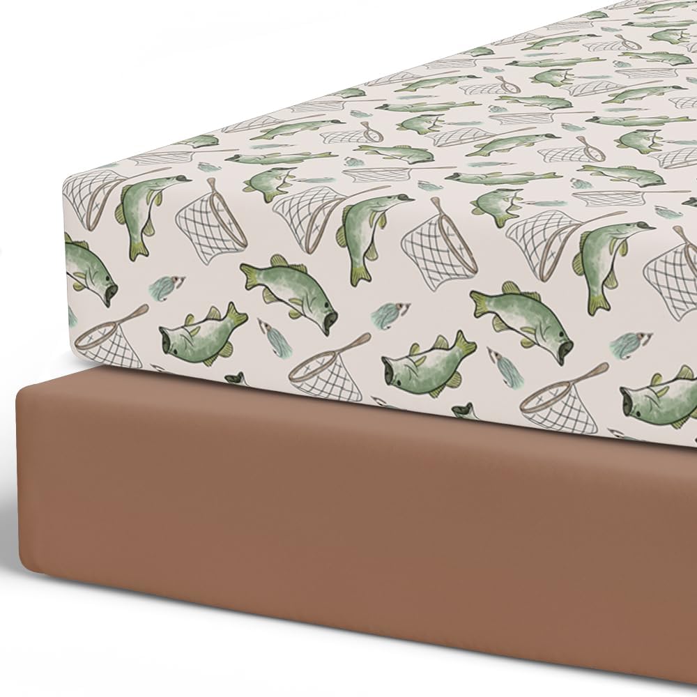 Pobibaby – 2 Pack Crib Sheets for Boys, Premium Fitted Baby Boy Crib Sheets for Standard Crib Mattress – Ultra-Soft Jersey Knit, Safe and Snug, Stylish Design (Gone Fishing)