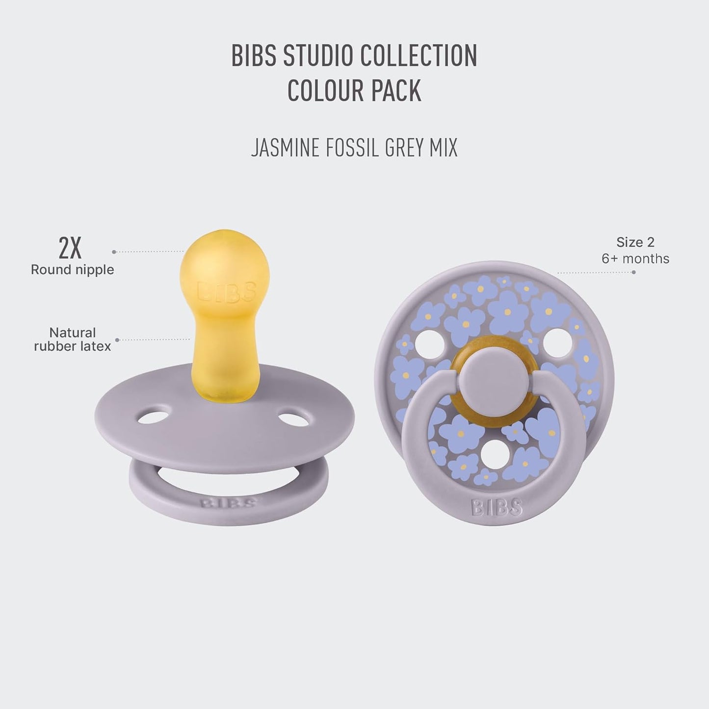 BIBS Pacifiers - Studio 2 Pack | Round Nipple Baby Pacifier | BPA Free Natural Rubber Latex Soother | Made in Denmark | Size 6+ Months | Jasmine Fossil Grey