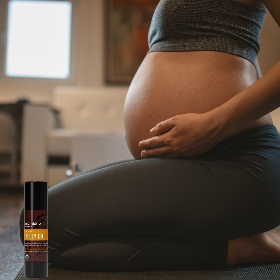 Mambino Organics Oh Baby! Belly Oil for Pregnant Women, Organic Stretch Mark Oil for Pregnancy, Postpartum Skin Elasticity, Hydration, Tamanu, Shea Butter, Calendula, Vegan, Non-GMO, 2 fl oz, 2-Pack