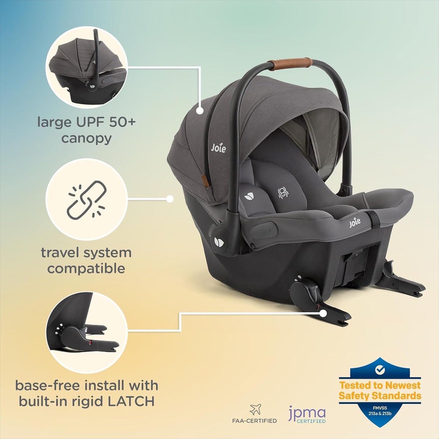Joie Mint Latch Baseless Infant Car Seat – Lightweight, Built-in Rigid Latch Connectors and Side Impact Protection – No Base Installation Required (Thunder)