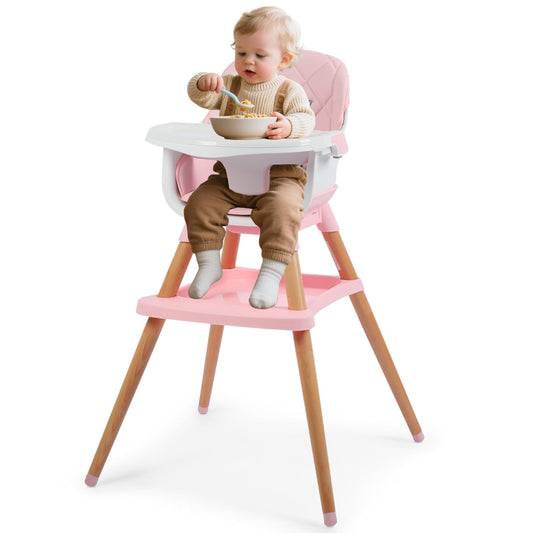 Kinder King 7 in 1 Baby High Chair for Babies and Toddlers with Large Storage Footrest, Booster Seat, Convertible Wooden High Chair with 3-Depth Double Dishwasher Safe Tray, 5 Point Harness, Pink