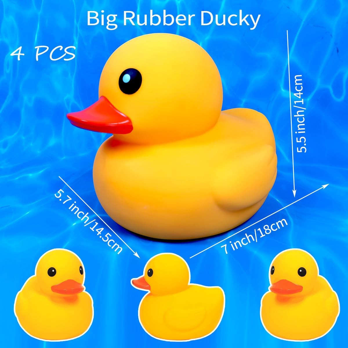 4 Pcs Big Rubber Yellow Duck,Kalafona 7 Inch Giant Large Waterproof No 'Bebe' Noise No Hole No Squeak Rubber Funny Duck Bath Pool Toy Without Hole for Kids Birthday Party Favor Home Decor