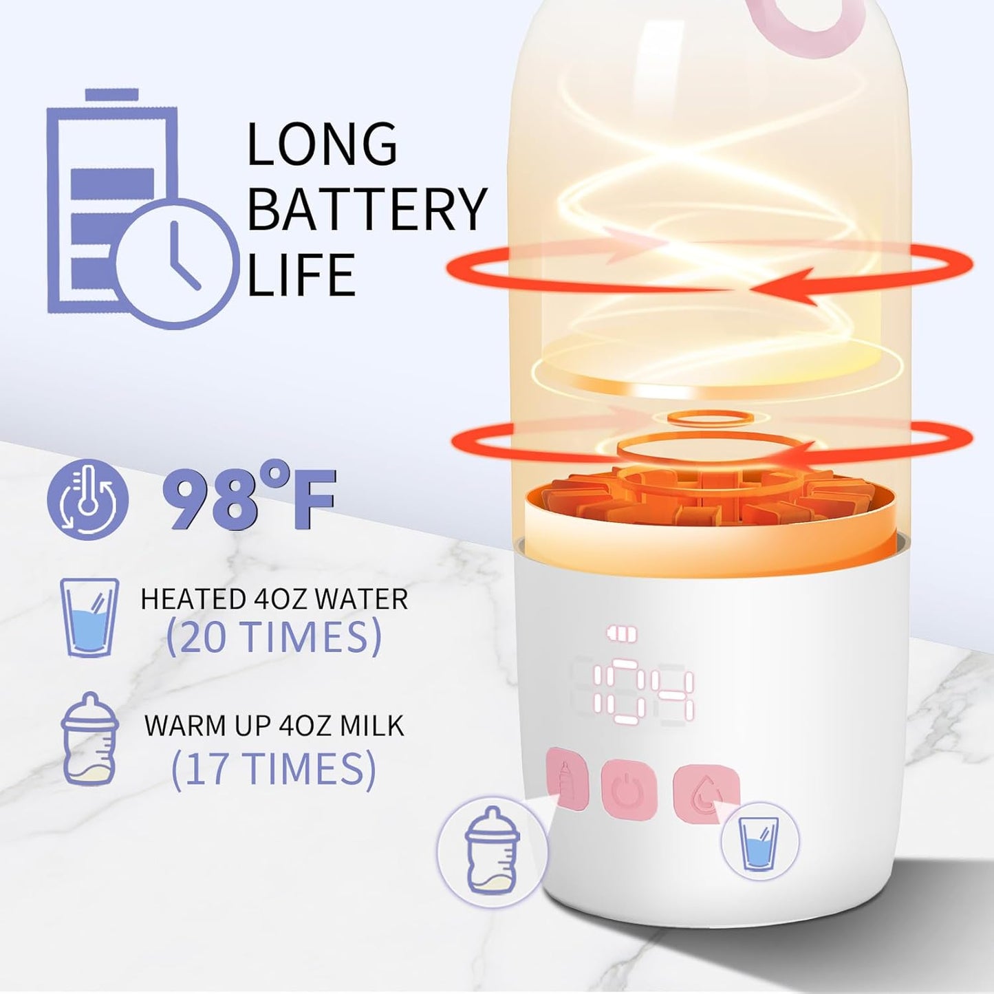 Portable Bottle Warmer, Large 12oz Capacity with Dual Heating Modes for Breast Milk & Water, Smart Temperature Control, Long Battery Life, Bottle Warmer for Outdoor, Airplane & Car Travel, Pink