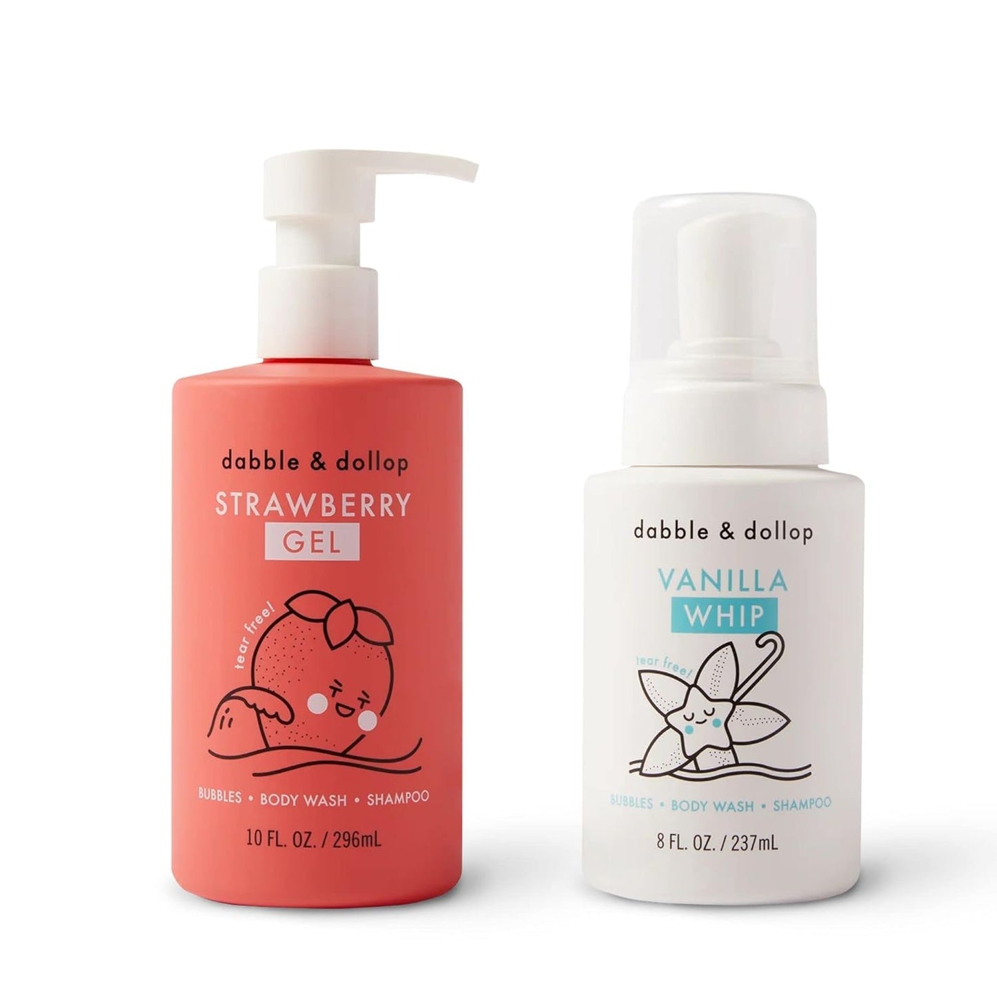 Dabble & Dollop Strawberry + Vanilla Body Wash & Shampoo – 3-in-1 Natural Bubble Bath for Kids, No Parabens or Sulfates, Vegan, Gluten-Free, Tear-Free (2-Pack)