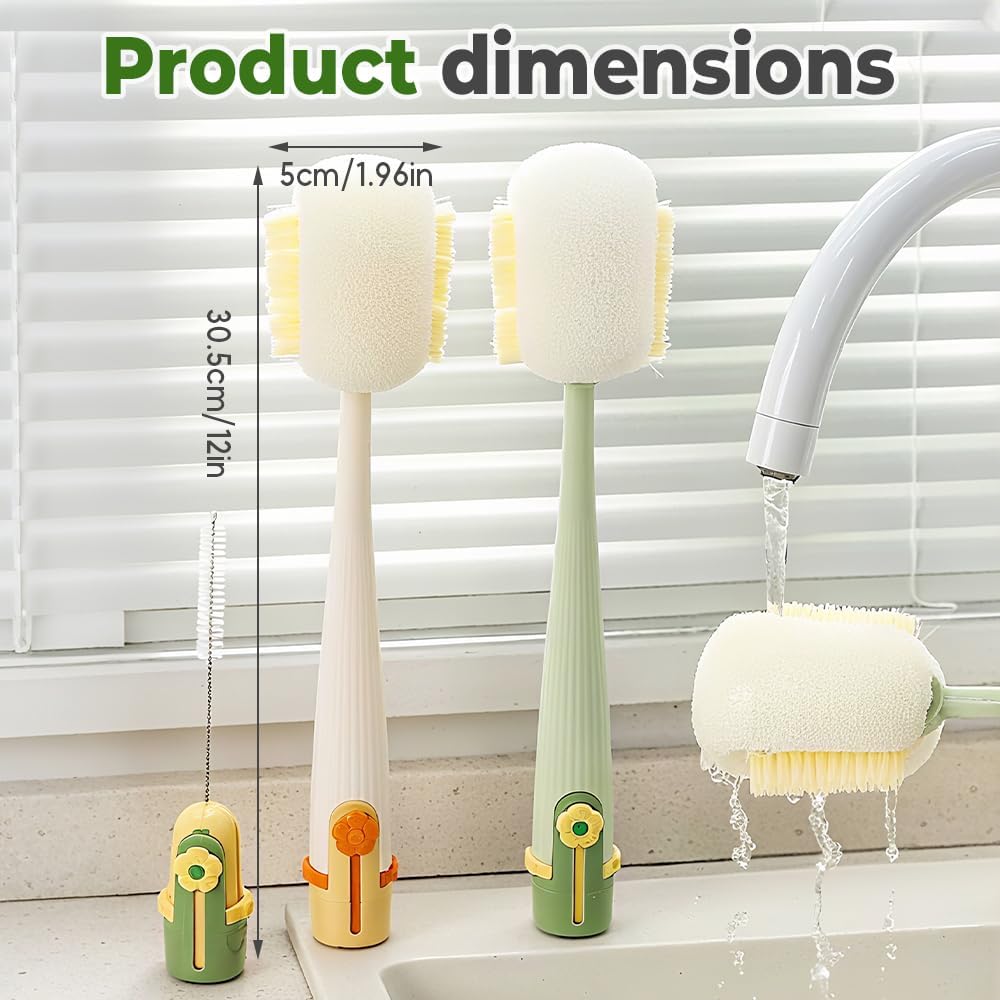 5 in 1 Bottle Cleaning Brush Set, 2025 Multifunctional Lid Brush Cleaning Tool Kitchen, Portable Long Handle Bottles Scrubber for Cup Lids, Hard Bristle Sponge Head Bottle Brushes (Green)
