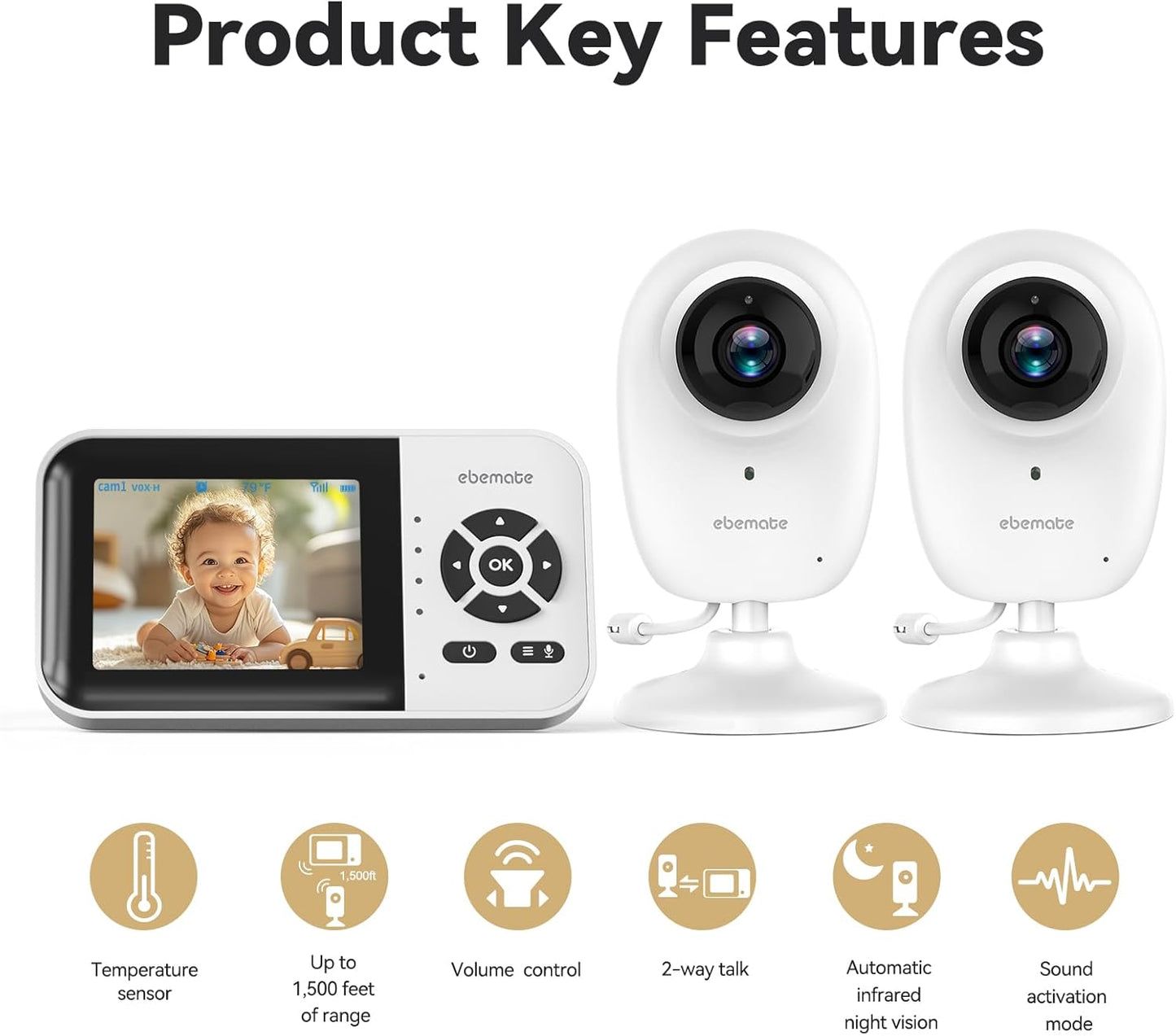 ebemate WiFi Video Baby Monitor with 2 Camera,2.8" Display with 1200Ft Long Range,WiFi On/Off,1080P No Glow Night Vision,2-Way Talk Baby Cam Monitoring EBS28-2