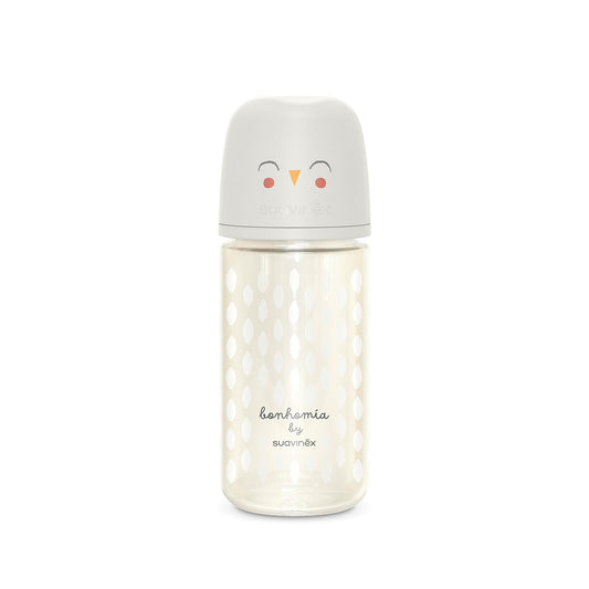 Suavinex Bonhomia Glass Baby Bottle with SX PRO Silicone Nipple, Anti Colic Baby Bottles, Baby Bottles for Breastfed Babies, Medium Flow, 3mo, 8oz, Beige