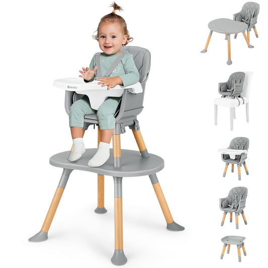 Ezebaby Baby High Chair, 8 in 1 Convertible High Chairs to Booster Seat/Toddler Chair/Table and Chair Set, Wooden High Chair with Adjustable Tray & PU Cushion(Grey)