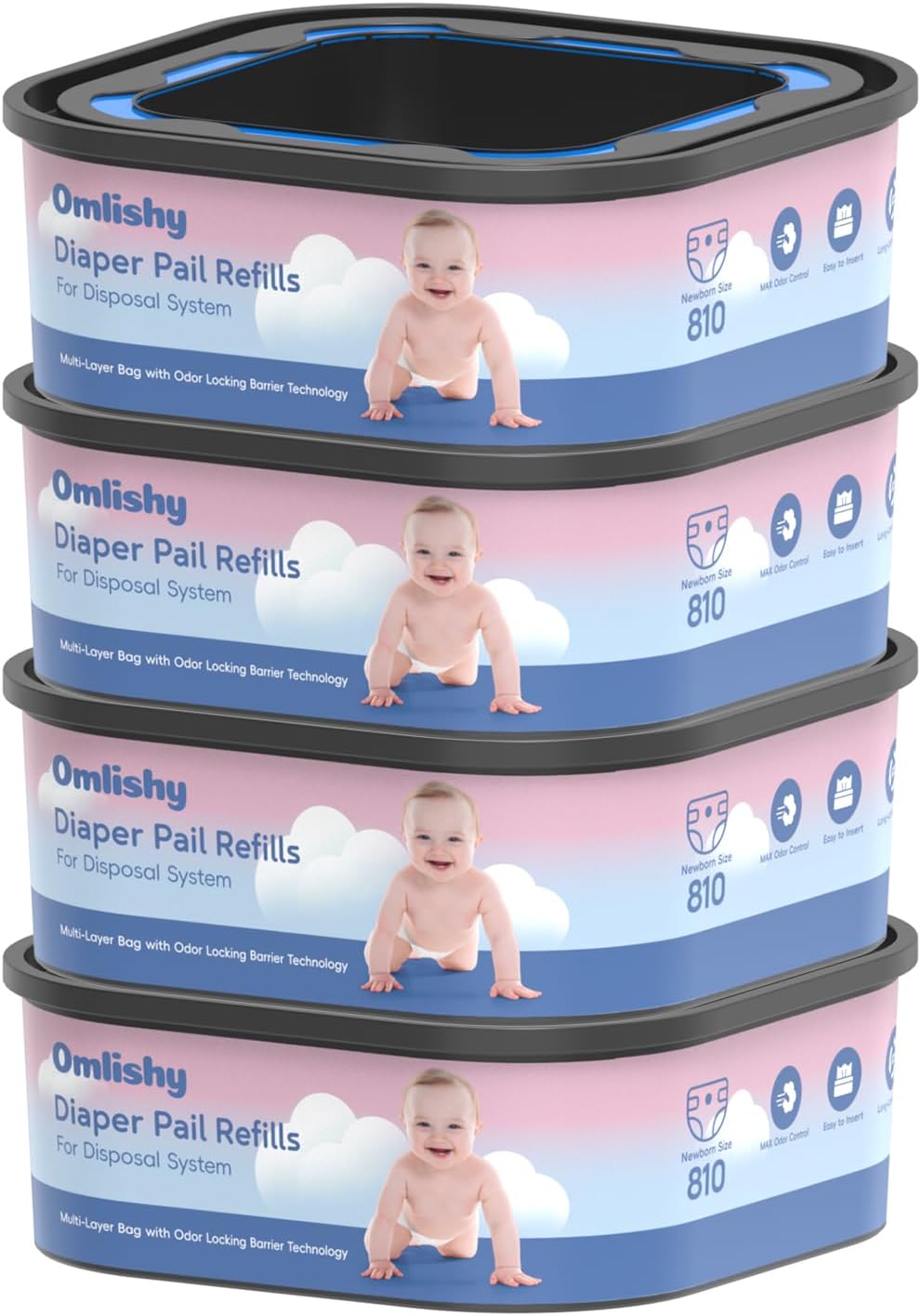 Jumbo Square Bags Refill Compatible with Diaper Genie Compact, Select Pails (Not Fit Classic), Max Odor Control, Disposal Bag Refills with Continuous Film, Holds Up to 810 Newborn Diapers, 4 Pack