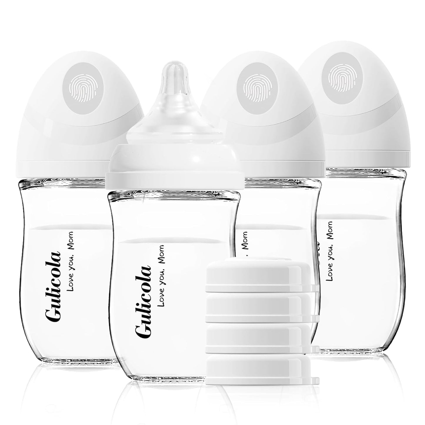 Gulicola Natural Glass Baby Bottle 4 Pack, Newborn Breastfeeding Bottles Set, Extra Slow Flow Nipples (SS), Anti Colic, 0 Months+, 5 oz - White