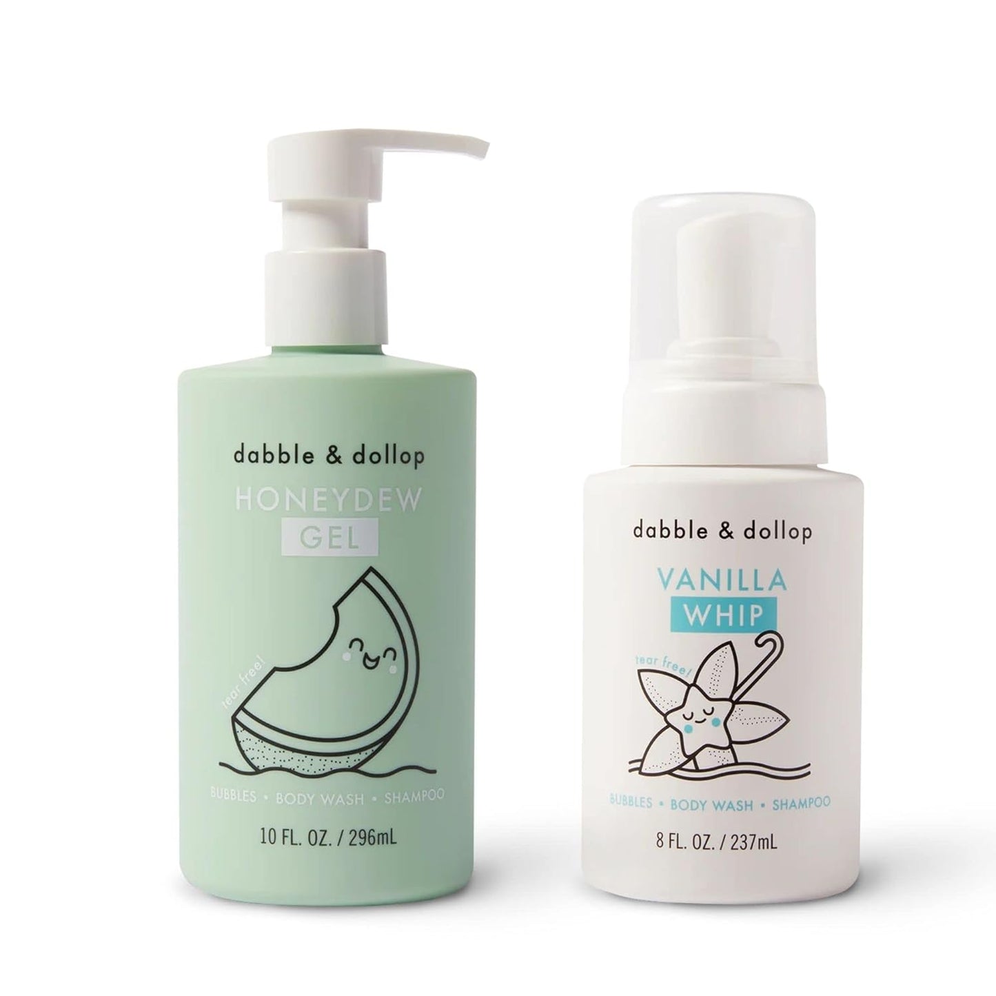 Dabble & Dollop Honeydew Melon + Vanilla Body Wash & Shampoo – 3-in-1 Natural Bubble Bath for Kids, No Parabens or Sulfates, Vegan, Gluten-Free, Tear-Free (2-Pack)