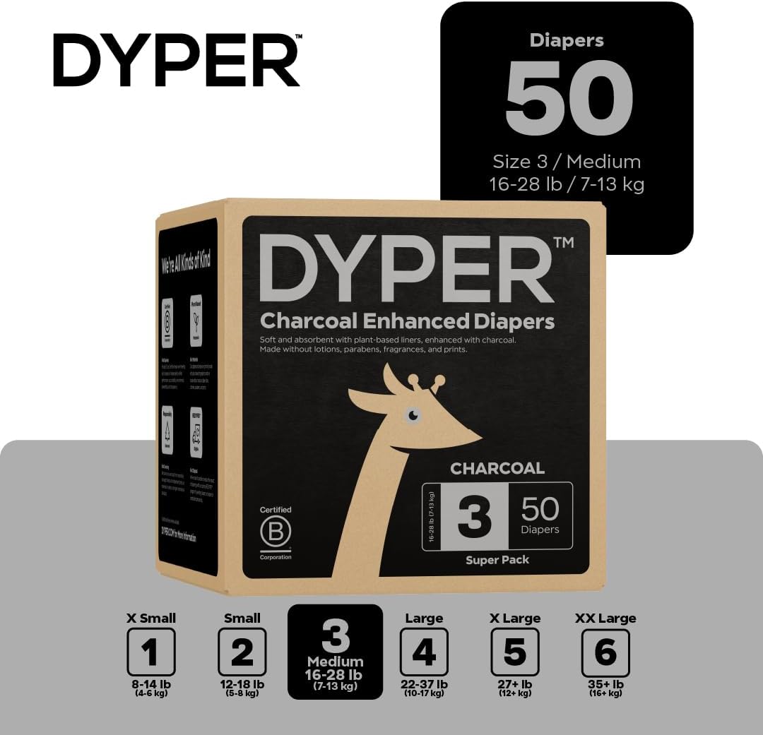 DYPER Charcoal Enhanced Diapers | Baby Diapers from Plant-Based* & Honest Materials | Day & Overnight Diapers | Disposable Diapers for Sensitive Skin (Size 3, 50, Count)
