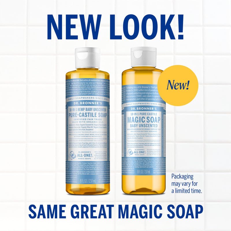 Dr. Bronner's Pure-Castile Magic Liquid Soap (Baby Unscented, 8 Ounce)- Made with Regenerative Organic Certified Oils, For Face, Body Wash, Baby Soap, Sensitive Skin, No Added Fragrance, Vegan
