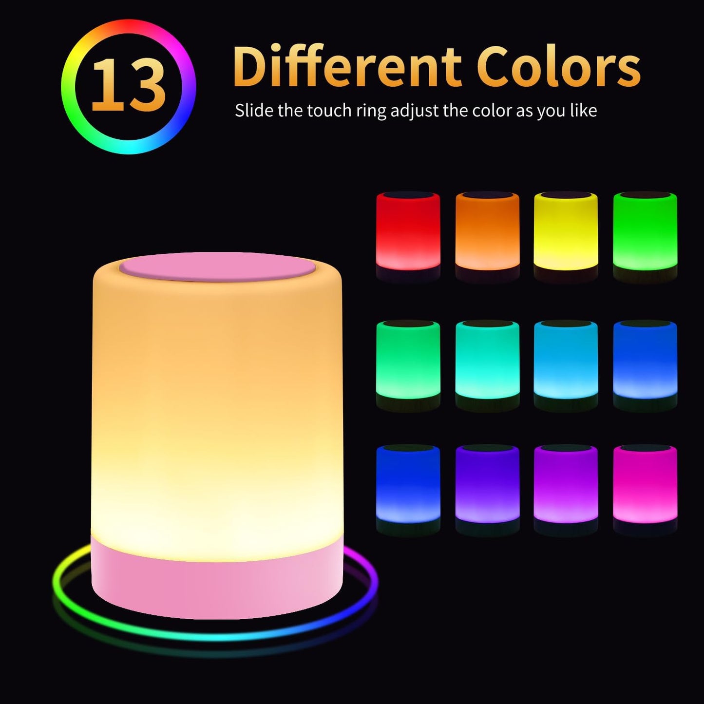 OORUN Touch Bedside Table Lamp,13 RGB Colors & 5 Brightness, USB Rechargeable Desk Lamp, Remote Control Dimmable Night Light with RGB Color Changing,Portable Lamp for Baby, Bedroom, Living Room (Pink)