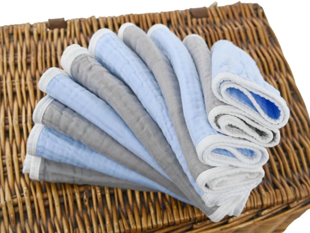 Synrroe Burp Cloths Large, Muslin Burp Cloths for Baby Girls and Boys, Pack of 10 Extra Absorbent and Soft Muslin, 6 Layers 20 by 10 Inches 100% Cotton (Blue-Grey 10 Pack)