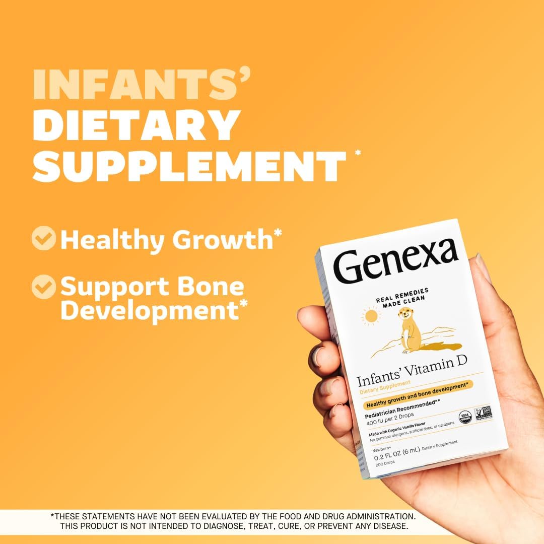 Genexa Infants Vitamin D Liquid Drops for Newborn, Baby & Toddler | Supports Growth & Bone Development | Delicious Organic Vanilla Flavor | Certified Organic, Gluten Free, & Non-GMO | 90 Servings