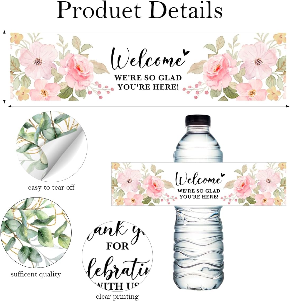 100PCS Wedding Water Bottle Labels Waterproof Greenery Floral Wraps Sticker for Water Bottle Baby Shower Bottle Label for Bridal Shower Party Welcome (Pink)
