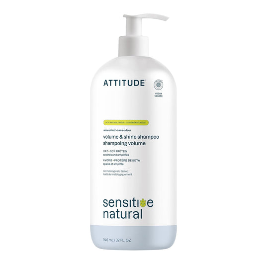 ATTITUDE Hair Shampoo for Sensitive Dry Scalp, EWG Verified, Soothing Oat, For Thin Hair, Naturally Derived Ingredients, Vegan and Plant-Based, Volume and Shine, Unscented, 32 Fl Oz