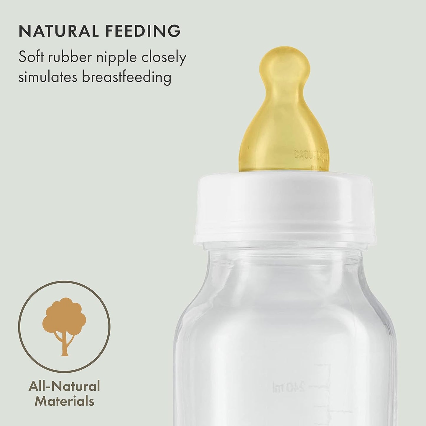 Natursutten Anti-Colic Glass Baby Bottle 2-Pack - 8 oz, 4 oz Bottles for Breastfeeding Babies - Newborn Bottles Set: Natural Rubber Slow-Flow Bottle Nipples, Seals, Valves, Baby Bottle Caps (8 Ounce)