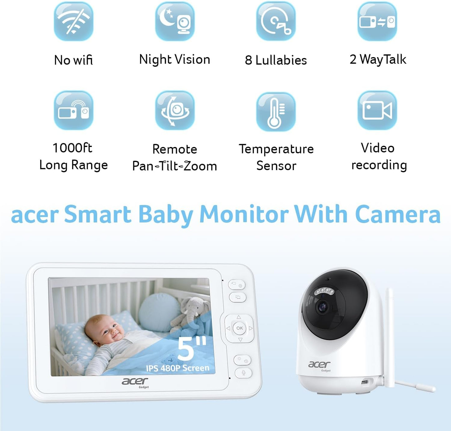acer Video Baby Monitor 5” LCD Screen Monitor No WiFi with 1080P Camera and Audio for Crib 1000ft Range Remote Pan Tilt Night Vision, Temperature Sensor, 8 Lullabies, 2-Way Talk, Video Recording, VOX