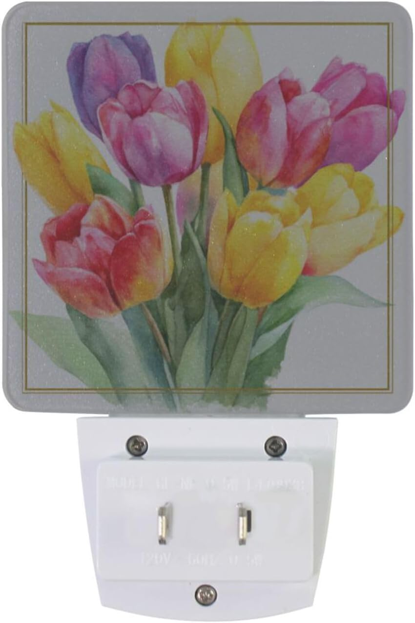 Aslsiy Night Light for Kids Watercolor Tulips in Vibrant Colors (4) Plug in Wall Lamp LED Dusk to Dawn Sensor Energy Saving Nightlight for Boys Girls Men Women