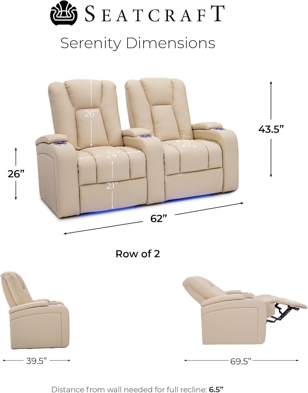 Seatcraft Serenity Leather Home Theater Seating - Living Room - Power Recline - Tray Tables - in-Arm Storage - Ambient Base Lighting and Lighted Cupholders (Row of 2, Cream)