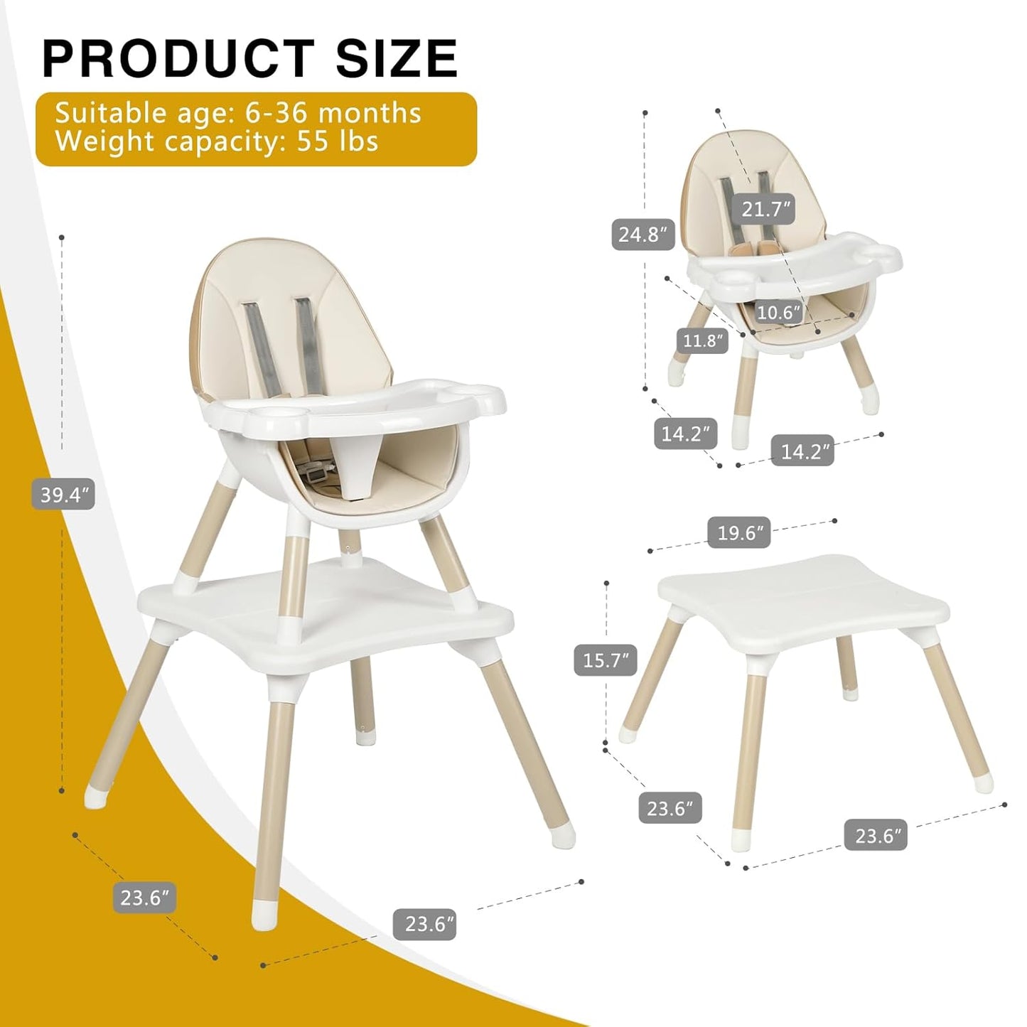 Gofirst 6 in 1 Baby High Chair,Convertible High Chairs for Babies and Toddlers/Booster Seat/Table and Chair Set,Baby Feeding Chair/5-Point Harness,4-Position Removable Tray&PU Cushion Baby Highchair