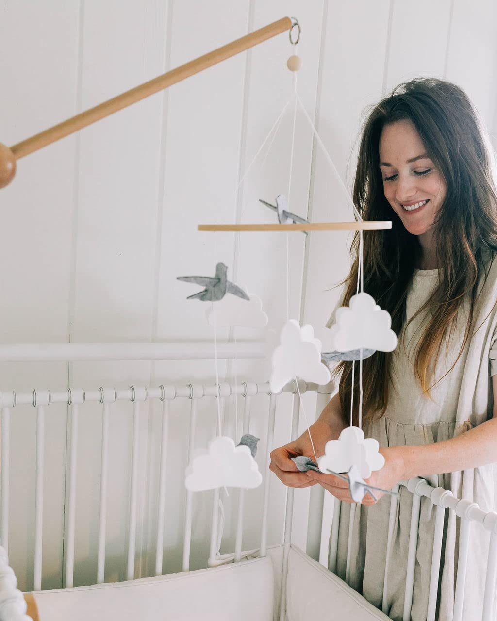 Sorrel + Fern Baby Crib Mobile - Birds in The Clouds w/Garland - Nursery Decor for Boys & Girls