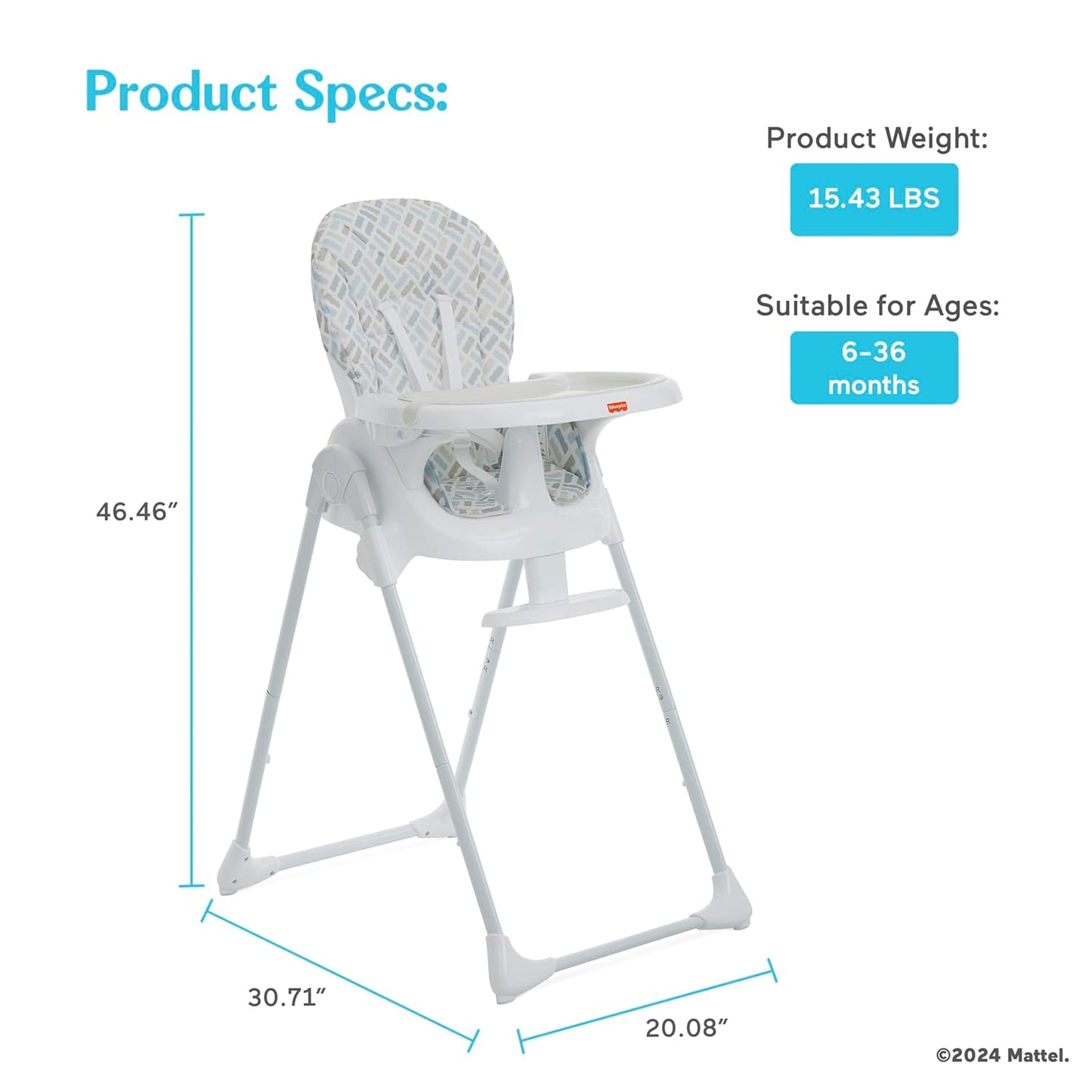 Fisher Price Tiny Bites Baby & Toddler Highchair – Cloud Grey, One-Click Folding, 7 Adjustable Height Levels, 2 Recline Positions, Removable Dishwasher-Safe Tray, Lightweight, Space-Saving