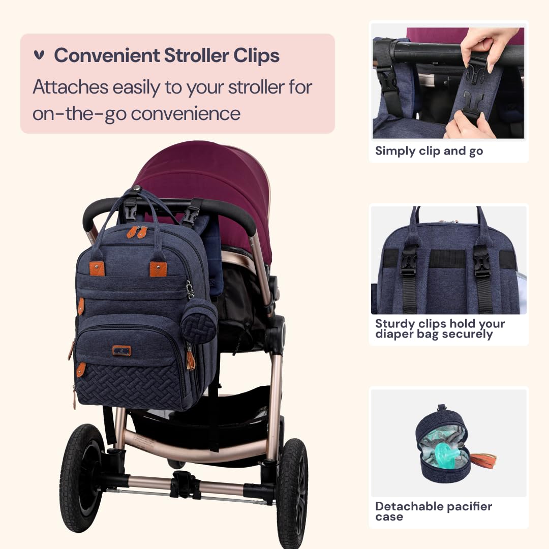 BabbleRoo Diaper Bag Backpack - Baby Essentials Travel Tote - Multi Function Water Resistant Diaper Bag, Travel Essentials Baby Bag with Changing Pad, Stroller Straps & Pacifier Case - Navy Blue