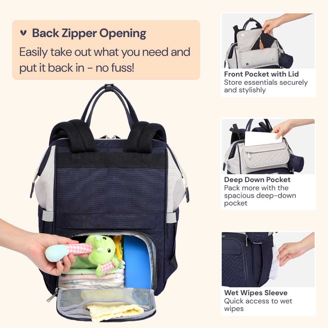 BabbleRoo Diaper Bag Backpack, Multifunction Large Bags with Changing Pad & Stroller Straps Pacifier Case, Unisex Stylish Travel Back Pack Nappy for Moms Dads (Stone Gray Blue)