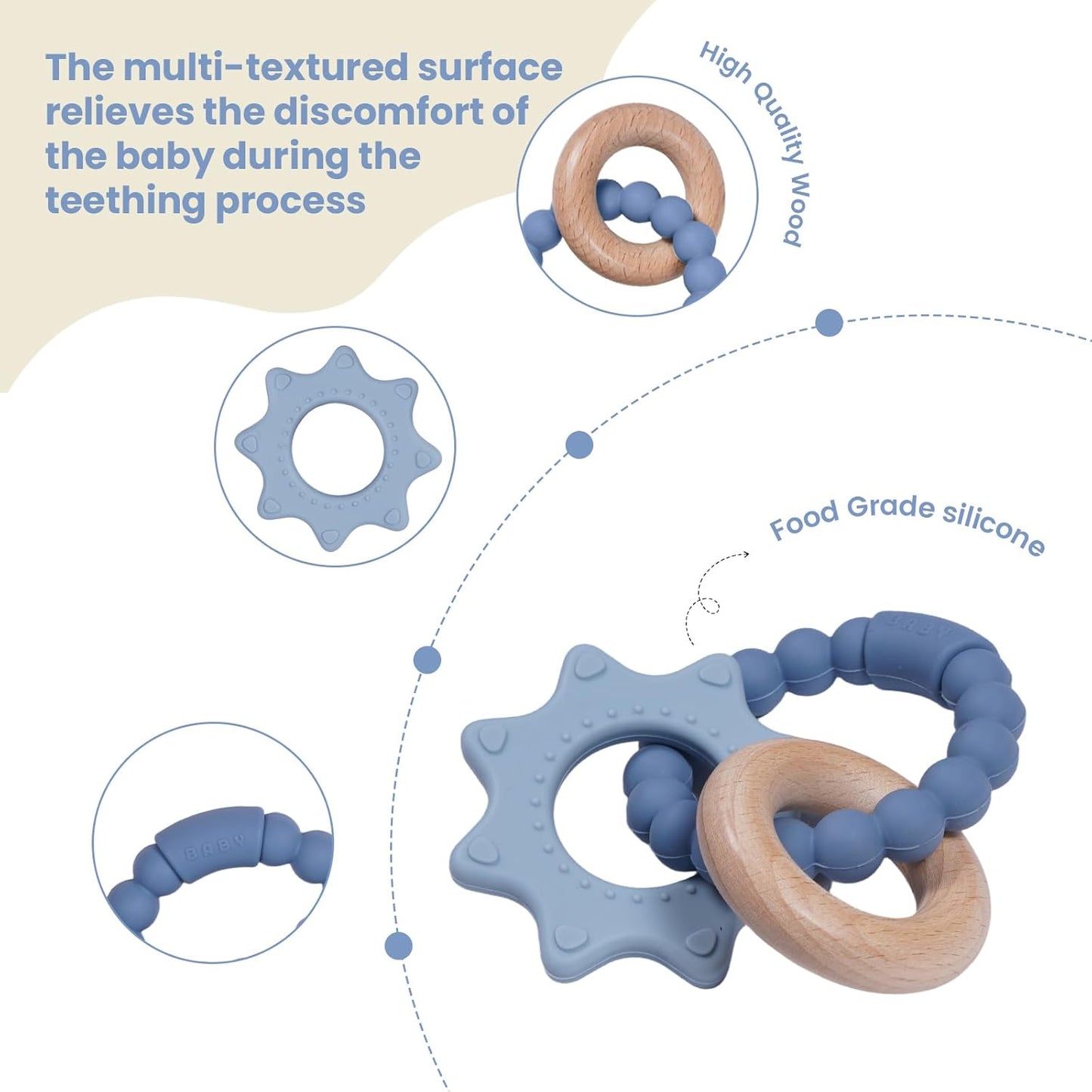 Baby Silicone and Wood Teether Ring Toy,Food Grade Silicone Chew Toys for 3-6,6-12,12-18 Months Newborns,Infants,Toddlers Teething Relief,Safe and Soft,BPA Free,Baby Essentials. (Star)