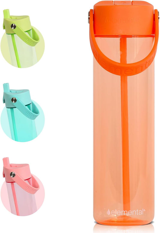 Elemental Splash Water Bottle with Straw - BPA-Free Tritan Plastic Reusable Water Bottle with Strap - Ideal for Travel, Gym and Sports - Leak Proof when Spout is Closed - 26oz - Orange