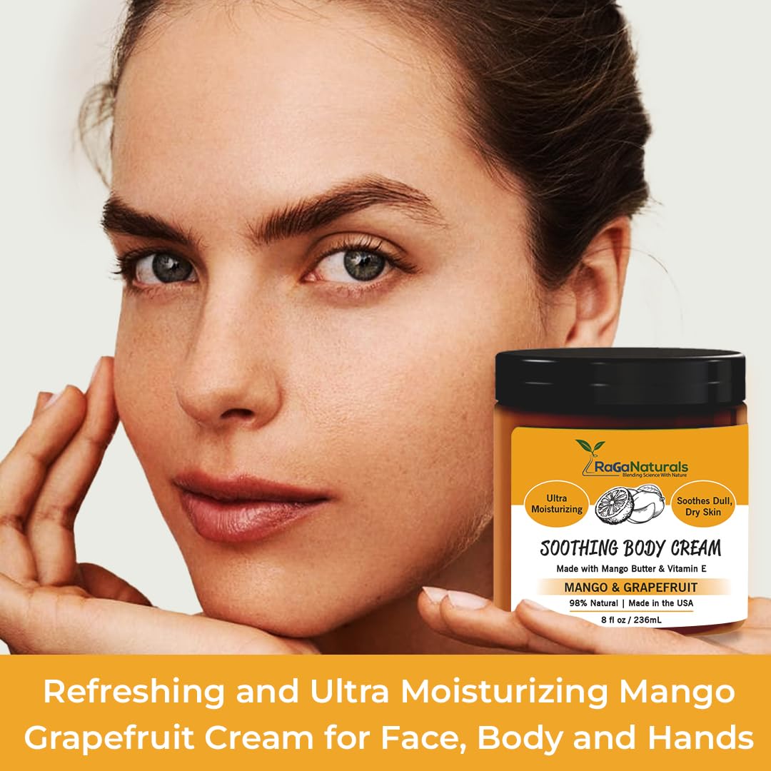 RaGaNaturals Mango Butter Hand & Body Cream for Dry Skin - All Natural, Tropical, Smell Good Moisturizer with Vitamin E and Avocado Oil - Non-Greasy, Vegan, Cruelty-Free Lotion for Women, Men - 8 Oz
