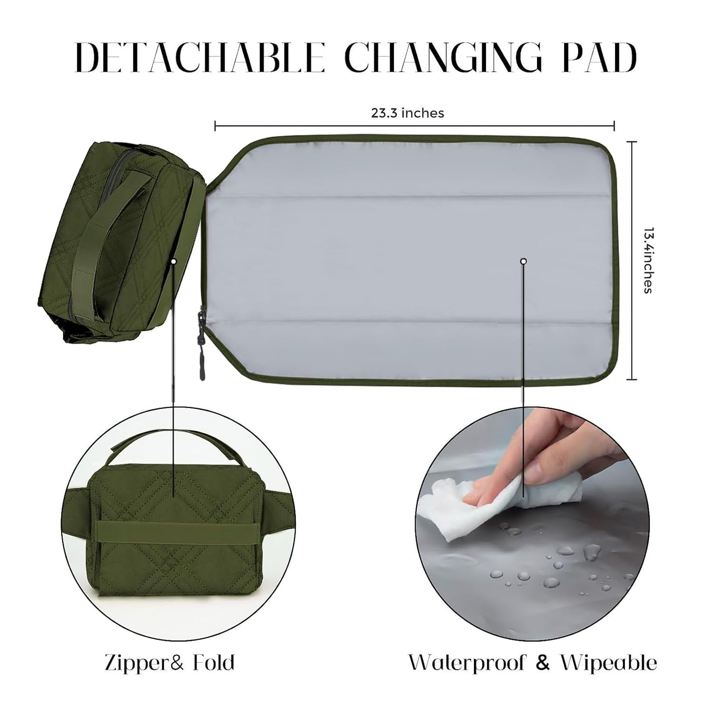 Small Diaper Bag with Portable Changing Pad, Mini Crossbody Diaper FannyPack with Wipes Pocket, Women Waist Bag for Travel (Quilted Olive Green, Large)