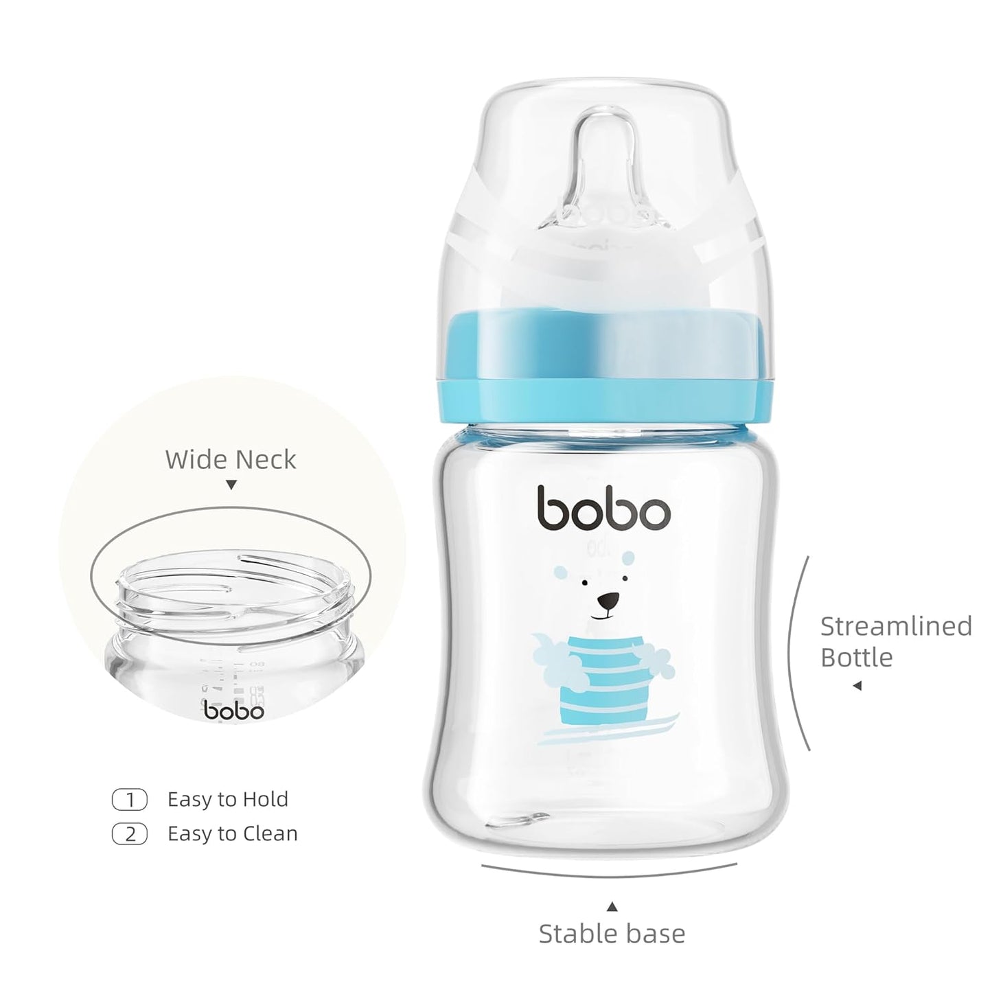 YOHKOH Glass Baby Bottles with Slow Flow Nipple, Newborn Anti-Colic Baby Bottles for 0+ Months, Wide Neck Feeding Bottle, Clear (Blue, 5oz (Pack of 2))