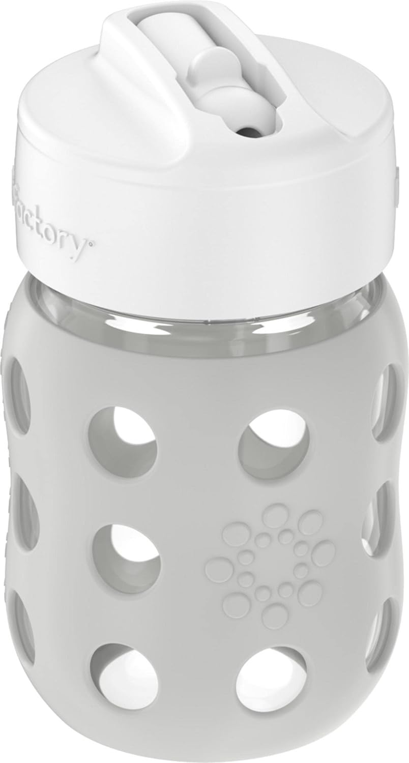 Lifefactory 8-Ounce Wide Neck Glass Baby Bottle with Protective Silicone Sleeve and Pivot Straw Cap, Stone Gray (LG2241WCG4)