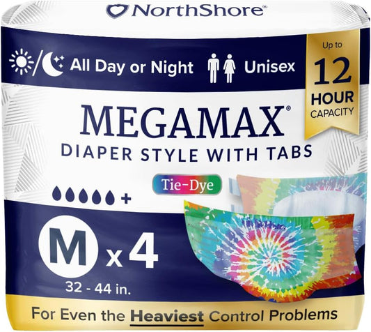 NorthShore MegaMax Adult Overnight Diapers, 12-Hour Tab-Style, Medium, 4 Count Starter Pack, Tie-Dye, 32-44 inches, Unisex Incontinence Underwear