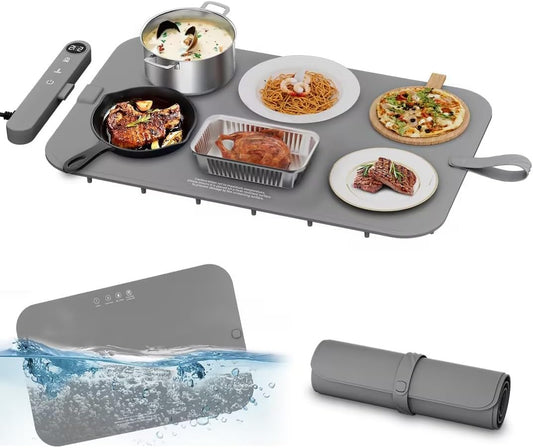 Upgrade Graphene Food Warming Mat for Countertop- Full Surface Heating, Waterproof Electric Warming Tray with 6 Temp Modes & 6H Timer for Parties, Gifts for Mom (Gray)