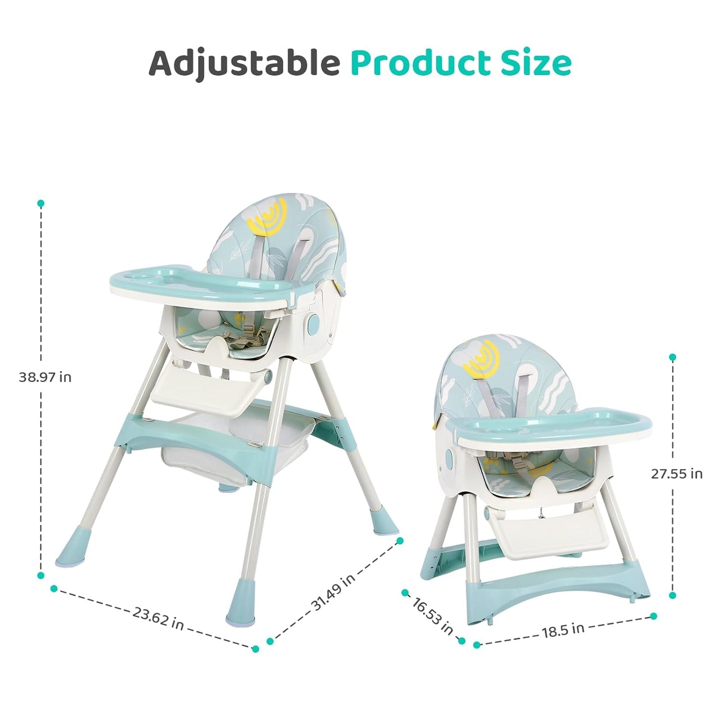 3 in 1 Baby High Chair, Adjustable 5 Point Harness, Tray, Foot Rest, Backrest and Seat Height,Multifunctional Foldable Portable highchair for Toddlers