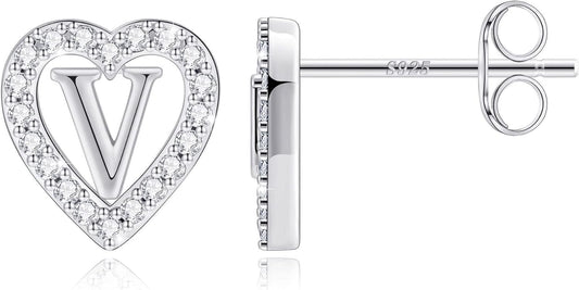 Anoup Christmas Gifts for Grandkids Girls Earrings - S925 Sterling Silver Post CZ Hypoallergenic Stud Heart Initial Earrings for Women Kids Jewelry Stocking Stuffers for Teen Girls Birthday Gifts