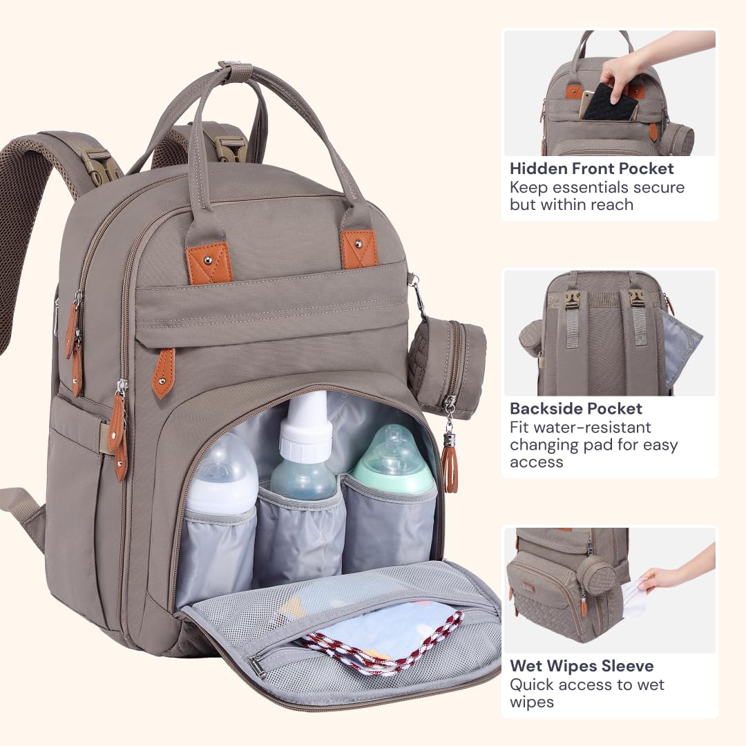 BabbleRoo Diaper Bag Backpack - Baby Essentials Travel Tote - Multi Function Water Resistant Diaper Bag, Travel Essentials Baby Bag with Changing Pad, Stroller Straps & Pacifier Case - Unisex, Khaki